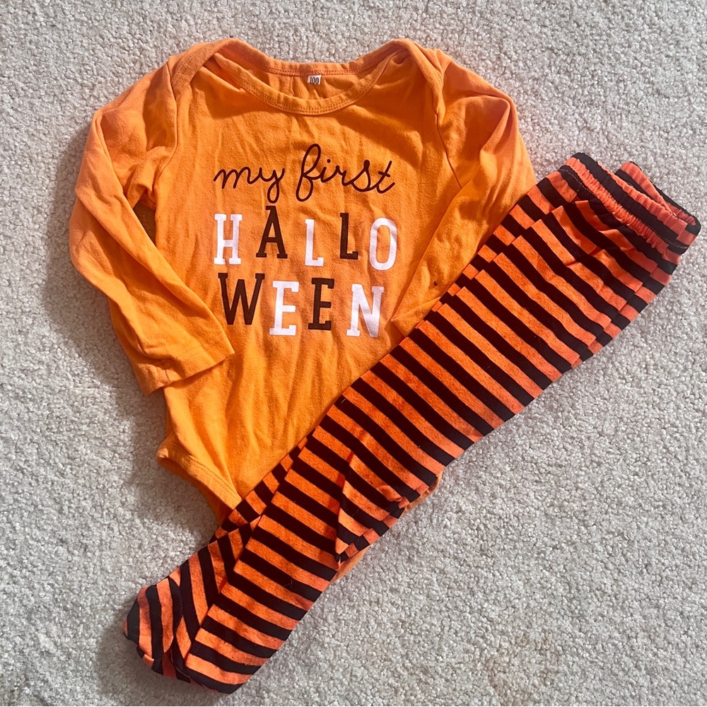 My First Halloween onesie with striped Halloween pants size 12-18 months